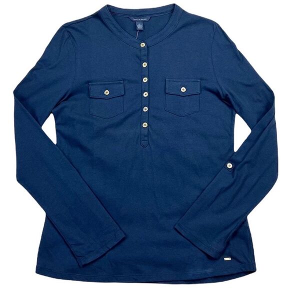 Tommy Hilfiger Navy Blue Roll Tab Sleeve Top Size Medium - Picture 2 of 8